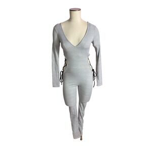 Dodo Ribbed Jumpsuit S Heather Gray Side Cutout Lace Up Long Sleeve DWJ 1022